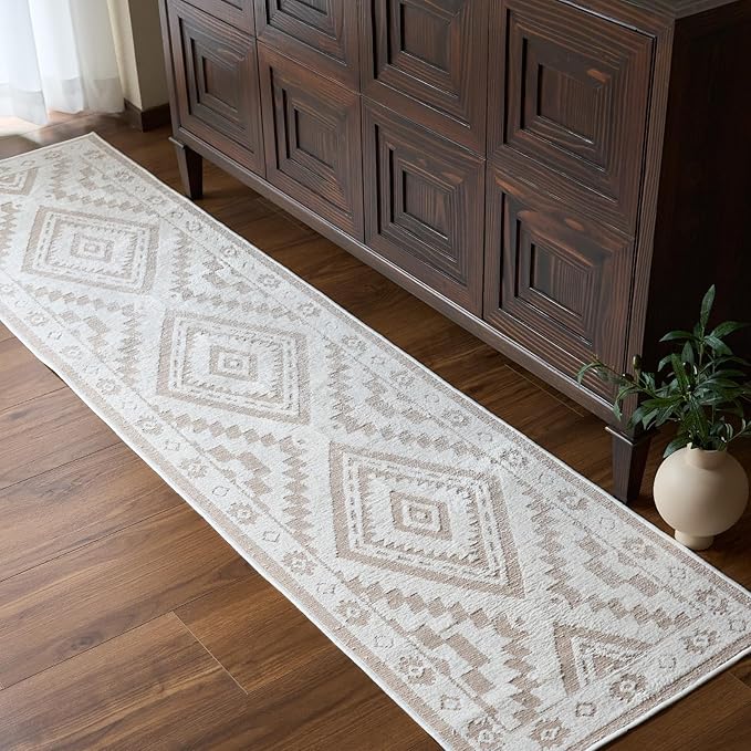 Moroccan Washable Runner Rug 2x6, Geometric Woven Area Rug, Farmhouse Boho Hallway Rug Runner, Non-Slip Soft Throw Mat for Kitchen Bedroom Living Room Laundry Entryway, Cream/White