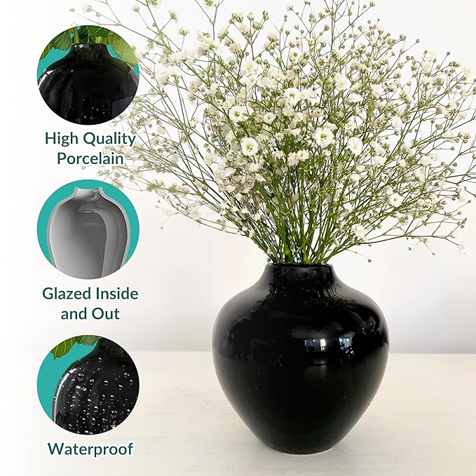 Willowy 5 Inch Round Black Ceramic Vase with Glossy Finish - Modern Vase for Flowers, Home Decor