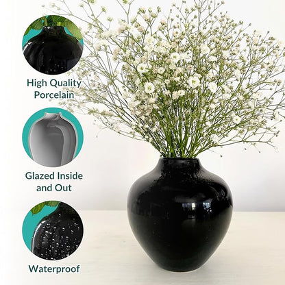 Willowy 5 Inch Round Black Ceramic Vase with Glossy Finish - Modern Vase for Flowers, Home Decor