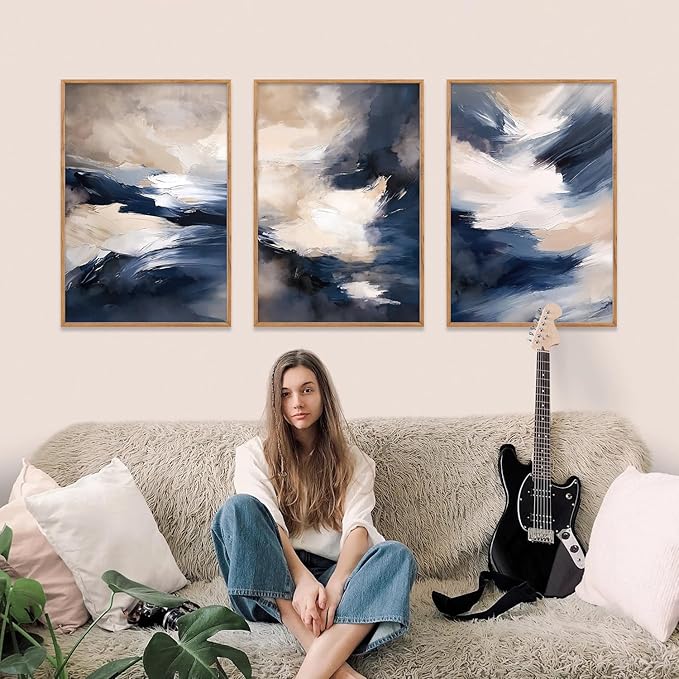 HLNIUC Blue Beige Abstract Wall Art Set of 3(24x36), Navy Brush Stroke Modern Art Decor, Earth Tone Minimalist Shape Framed Painting, Rust Dusty Neutral Prints for Living Room, Bedroom, Office