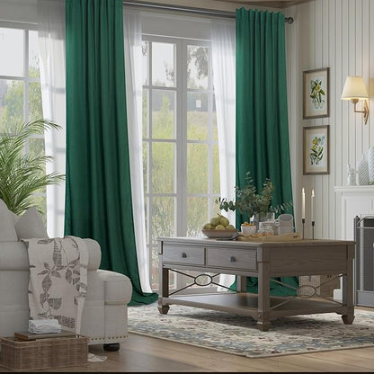 Dark Green Curtains 96 Inches Long for Living Room Dining 2 Panels Set Pocket Back Tab Forest Drape Semi Privacy Emerald Hunter Green Linen Curtains for Bedroom Bay Window Farmhouse Vintage Decor 8 FT