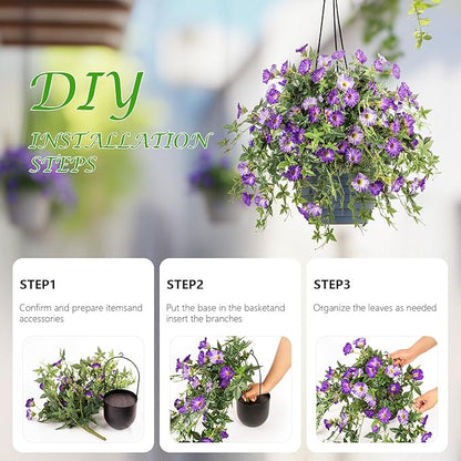 Artificial Flowers Artificial Petunias for Outdoors 2PCS Artificial Hanging Plants Outdoors Silk Flowers with Stems Outdoor Flowers Uv Resistant for Porch Decor Terrace Decor（Purple with Pot）