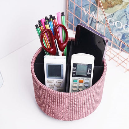 Round Leather Art Supply Organizer,Remote Control Holder,360 Degree Spinning,Multi-Functional Pencil Holder,4 Compartments Desktop Stationary Organizer(1-Wood Pink)