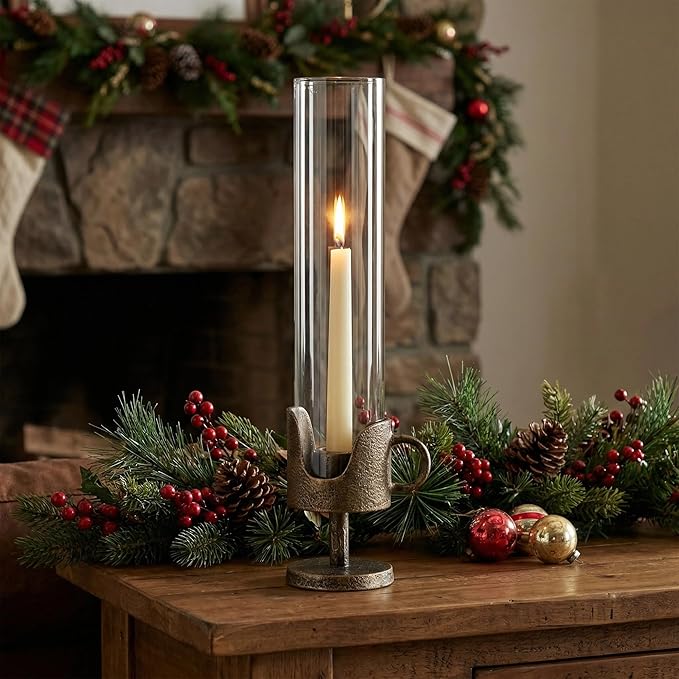 Handcrafted Cast Iron Base Hurricane Candle Holder with Glass Shade - Elegant Vintage Candle Stand for Taper Candles - Perfect for Living Room, Dining Room, and Home Décor 14“ High