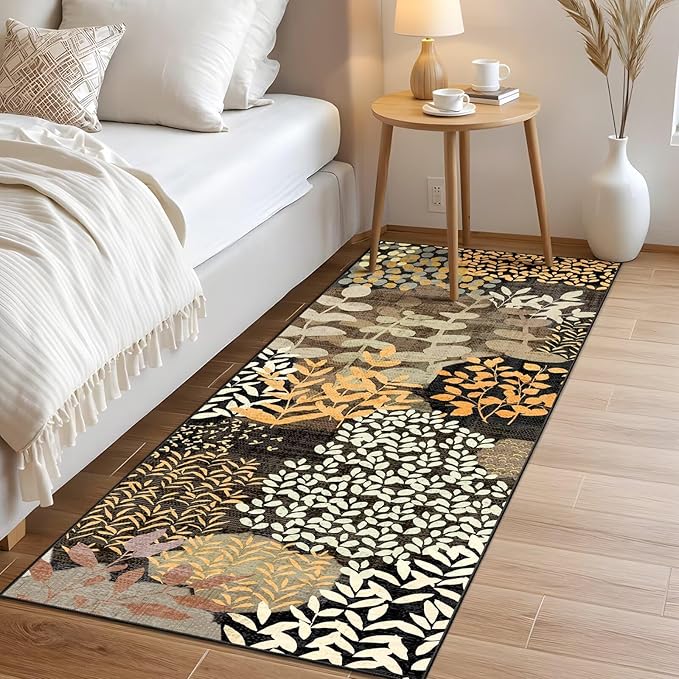 DEXDE Runner Rug 2x6, Washable Hallway Boho Soft Area Rugs Abstract Long Non Slip Botanical Leaves Floral Print Carpet for Entryway Kitchen Laundry Bedroom,Black