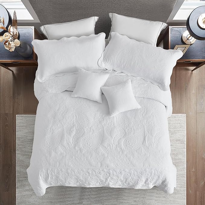 HZ & HY Queen Size Bedspread, Quilted Coverlet Bedding Set, Lightweight Thin Comforter, Reversible, Luxurious, 5 Piece, 100% Microfiber, Queen, White