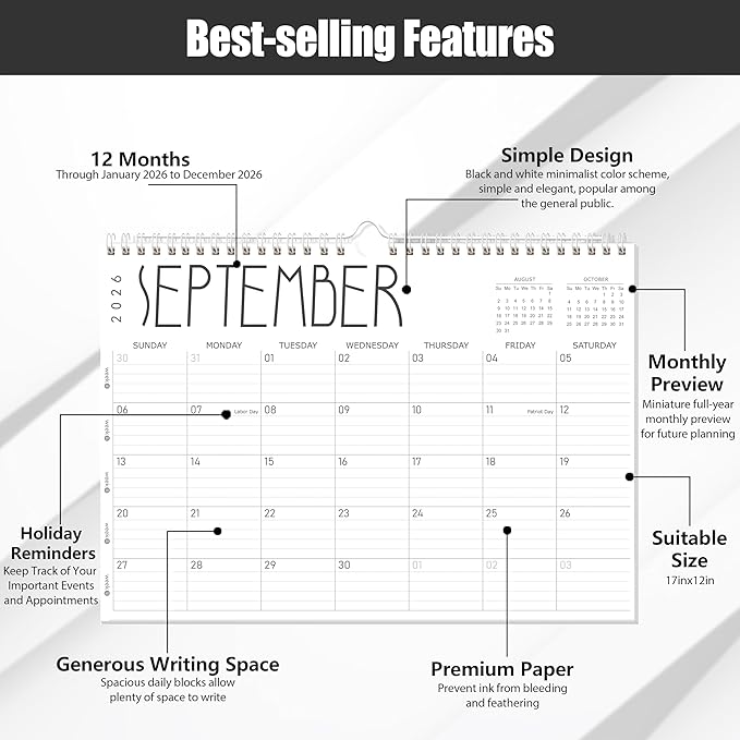 GuassLee Wall Calendar 2026 12 Months Planner Through Jan. 2026 to Dec 2026 17" X 12" Paper Monthly Planner Wall Hanging Calendar with Thick Paper for Easy Organizing