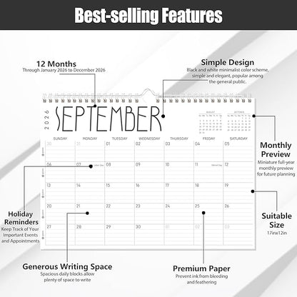GuassLee Wall Calendar 2026 12 Months Planner Through Jan. 2026 to Dec 2026 17" X 12" Paper Monthly Planner Wall Hanging Calendar with Thick Paper for Easy Organizing