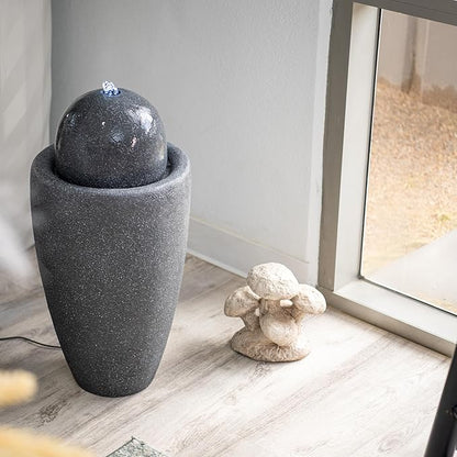 XBrand 26" Modern Sphere Water Fountain with LED Light – Indoor Outdoor Stone Texture Floor Fountain, Zen Bubbling Ball Water Feature for Garden Patio Porch - Gray