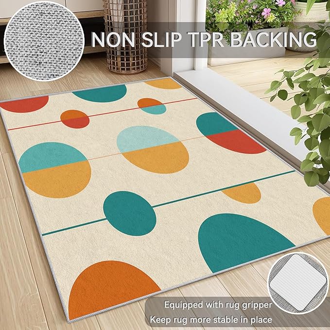 Contemporary Rugs for Living Room - Mid Century Modern Area Rug, 4x7 Rug, Colorful Circle Minimalist Rug & Home Decor, Retro Abstract Carpet & Room Decor, Washable Non Slip Anti Skid Rugs
