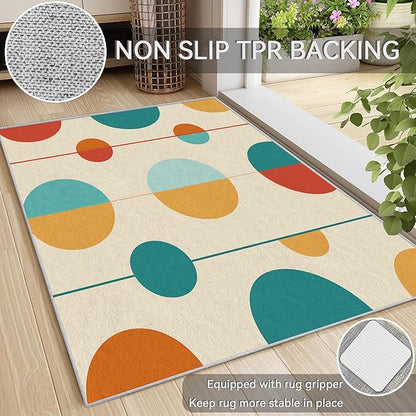 Contemporary Rugs for Living Room - Mid Century Modern Area Rug, 4x7 Rug, Colorful Circle Minimalist Rug & Home Decor, Retro Abstract Carpet & Room Decor, Washable Non Slip Anti Skid Rugs
