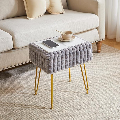 IBUYKE Rectangle Vanity Chair with Storage Space, Footrest Footstool Ottoman, Vanity Stool, Dressing Table Chair, with Anti-Slip Feet, for Makeup Room, Bedroom, Square Grid Pattern, Grey WBD004G