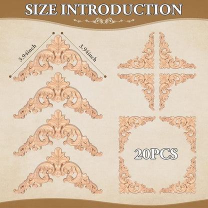 20 Pcs Wood Applique Corner Onlay Decorative Wood Applique DIY Wooden Carved Corner Unpainted Wooden Carved Decals Carving Decal for Furniture Wall Cupboard Bed Cabinet(Delicate Style)
