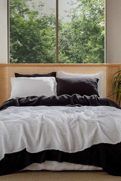 Muslin Blanket - Pure 100% Turkish Cotton Airy Soft Light Versatile Gauze Throw Blanket for Bed, Couch, Sofa (Black, California King Size (95" x 125" inch))