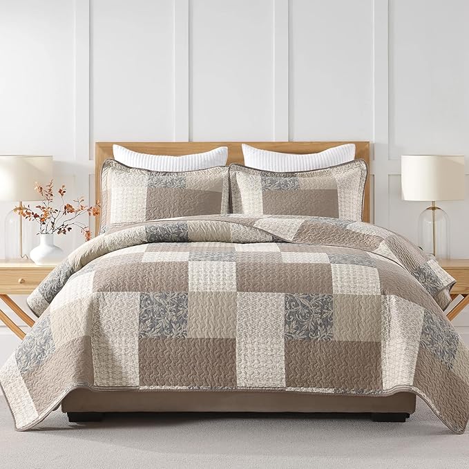100% Cotton Quilt Set Queen Size - Plaid Quilted Comforter, Patchwork Botanical Queen Quilt Bedspread, Modern Farmhouse Lightweight Bedding for Queen Bed, 3pcs, Brown/Beige/Khaki