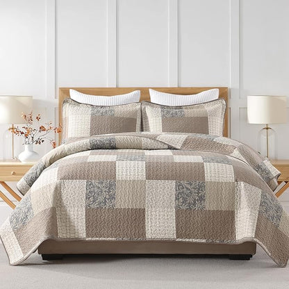 100% Cotton Quilt Set King Size - Plaid Quilted Comforter, Patchwork Botanical King Quilt Bedspread, Modern Farmhouse Lightweight Bedding for King Bed, 3pcs, Brown/Beige/Khaki