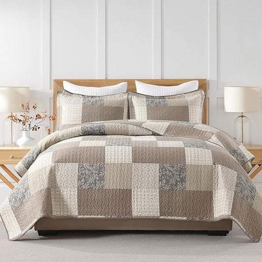 100% Cotton Quilt Set King Size - Plaid Quilted Comforter, Patchwork Botanical King Quilt Bedspread, Modern Farmhouse Lightweight Bedding for King Bed, 3pcs, Brown/Beige/Khaki