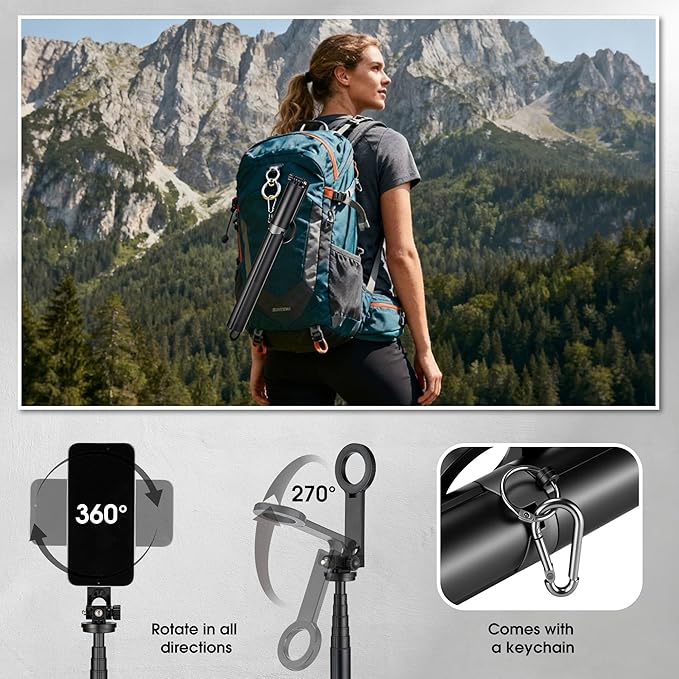 Magnetic Phone Tripod,76" Auto-Open Phone Stand with Metal Ring & Rechargable Remote,Portable Selfie Stick with Magnetic Holder for Magsafe,360°Rotatable Phone Stand Travel for iPhone/Android/Camera
