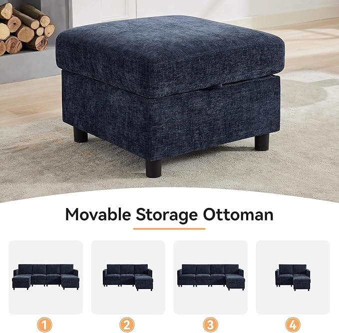 107'' Modular Sectional Sofa Convertible U Shaped Sofa Couch Set with Storage for Living Room, Modern 6 Seater Modular Sectional Couch with Movable Ottoman, Chenille Navy