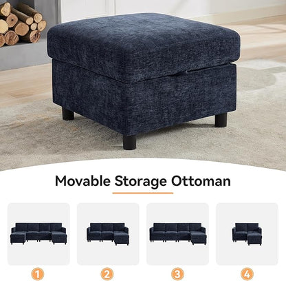 107'' Modular Sectional Sofa Convertible U Shaped Sofa Couch Set with Storage for Living Room, Modern 6 Seater Modular Sectional Couch with Movable Ottoman, Chenille Navy