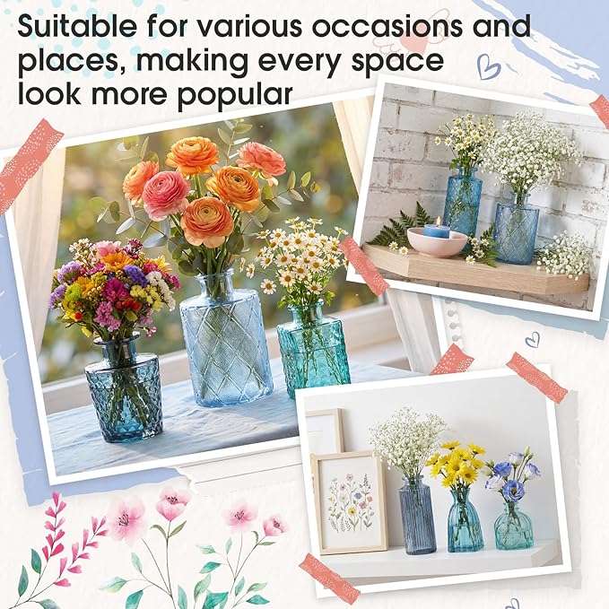 Yaomiao 60 Pcs Vases Bulk Colored Flower Glass Vases Bud Vintage Colored Glass Bottles Colorful Rustic Embossed for Home Wedding Table Decorations Gifts (Blue Series)