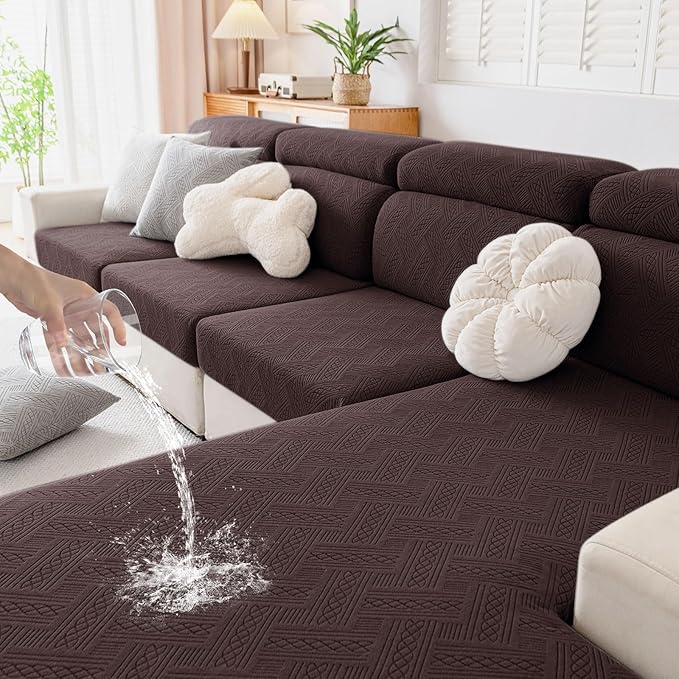 hyha Waterproof Couch Cushion Covers, Waterproof Sectional Couch Covers for 3 Cushion Sofa for Pets, Stretch Sofa Slipcover Washable with Elastic Bottom(3 Packs, Chocolate)