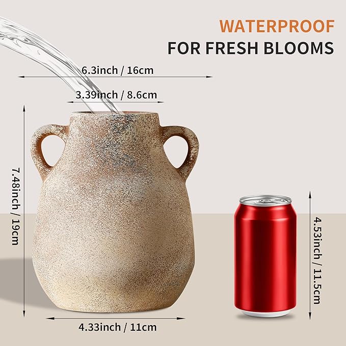 Ceramic Rustic Flower Vase, 7.48 Inch Pottery Modern Vase for Shelf, Tabletop, Vintage Farmhouse Home Decor for Coffee Table, Living Room, Mantle, Fireplace, Entryway