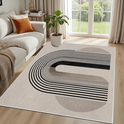 Modern Washable Rug for Living Room 7x10, Boho Abstract Striped Area Rugs, Soft Non Slip Low Pile Farmhouse Carpet for Bedroom Dining Room Kitchen, Stain Resistant, Pet Friendly, Beige Black