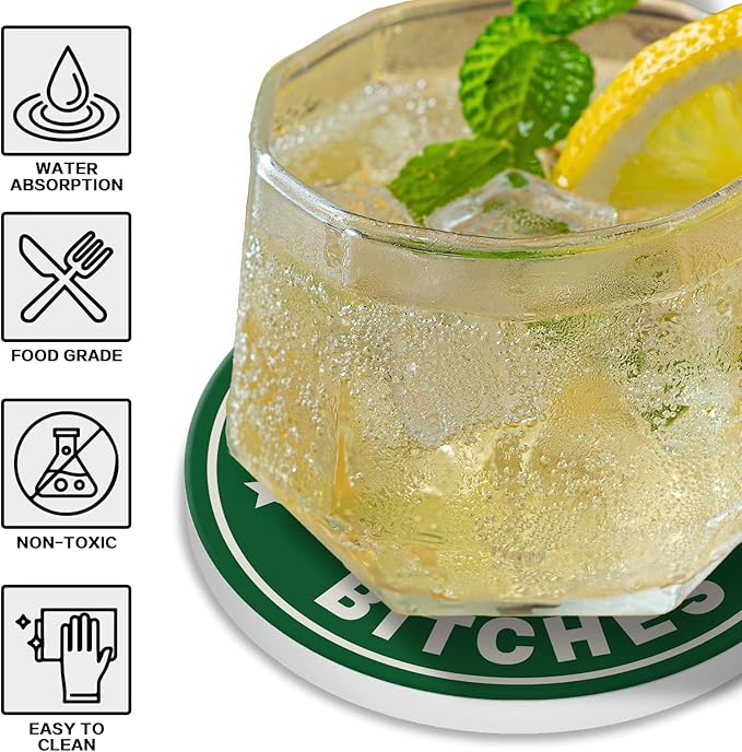 zcyhtqp, Drink up Bxxches, Funny Absorbent Round Ceramic Stone Coasters Set of 4 with Cork Base, Funny Bar Coasters, Sisters Gift, Gifts for Home, Kitchen, Bar, Office Table Décor