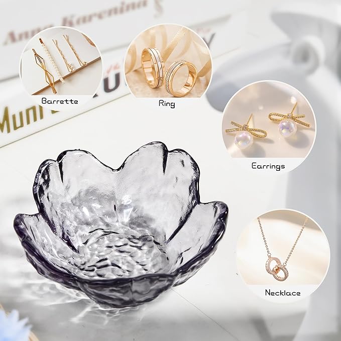 Cherry Blossom Glass Ring Holder Dish, Decorative Jewelry Trinket Rings Earrings Keys Storage Organizer Tray(Gray)