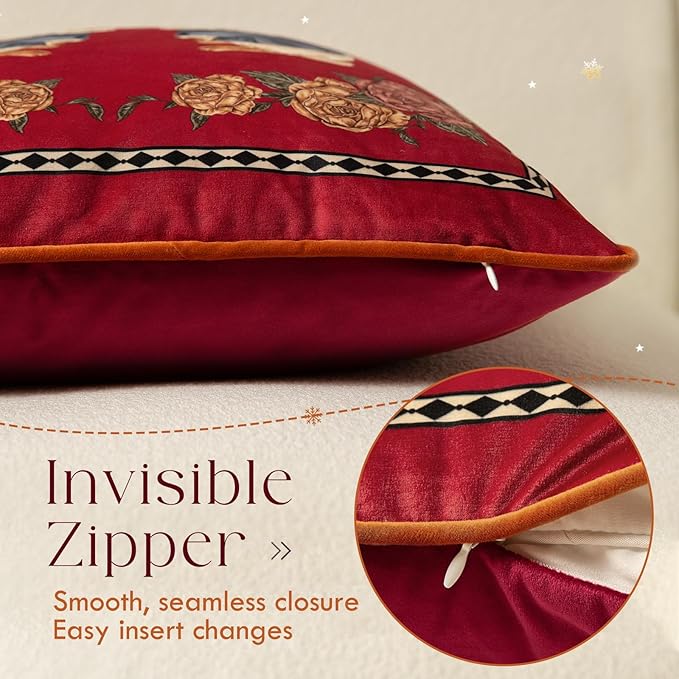 Easter Bunny Floral Red Pillow Cover Decorations, Velvet Euro Sham Covers Decorative Throw Pillow Covers 18x18 for Couch Sofa Bed Home Decor