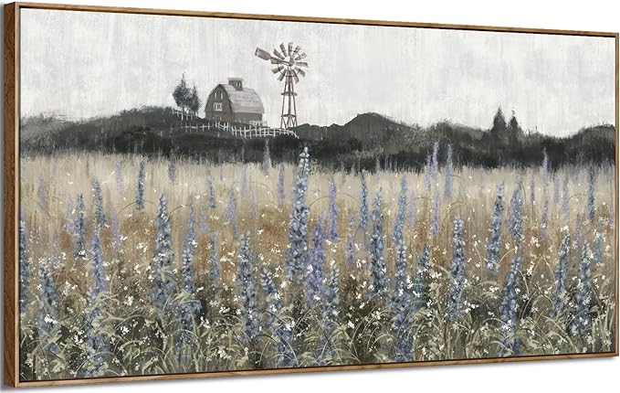 Large Framed Wall Art for Living Room Nature Wilderness Landscape Painting Vintage Canvas Print Rustic Farmhouse Scenery Picture Countryside Wildflower Field Meadow Windmill Barn Artwork 60"W x 30"H