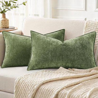 decorUhome Spring Couch Throw Pillow Covers 12x20 Set of 2, Decorative Soft Velvet Neutral Chenille Lumbar Pillow Covers with Elegant Design for Sofa Bed Living Room Home Decor, Olive Green