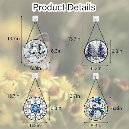 DASTOLL Stained Glass Window Hanging 4 Pcs Set White Winter Christmas Snow Scene 6.3" - Suncatcher Door Garden Sun Catcher Decor Birthday for Mom Woman Nana Men Friend Wife