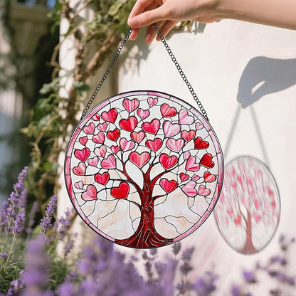 Stained Glass Window Hanging - 8 Inch Love Heart Tree Sun Catcher, Suncatcher Window Decor | Anniversary, Birthday, Christmas, Mother's Day, Valentine’s Day Gifts for Lover, Wife, Girlfriend, Mom