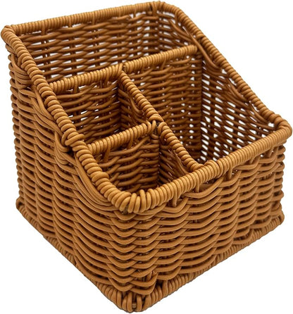 Rattan Remote Control Holder, Wicker Desk Organizer Basket for TV Remotes, Office Supplies, Makeup Brushes, Handwoven Storage Caddy for Tabletop, Shelf, or Kitchen Use (Golden Oak)