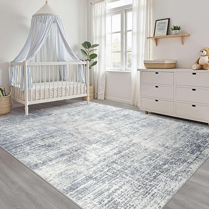 10x12 Area Rug Living Room: Washable Large Neutral Blue Rugs Abstract Soft Modern Stain Resistant Indoor Floor Non-Slip Carpet for Bedroom Nursery Kids Office Playroom Dining Room Under Table Home