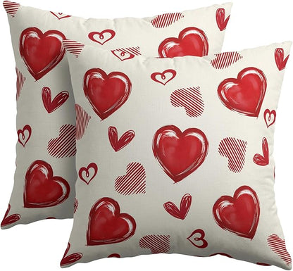 Valentines Day Pillow Covers 20x20 Set of 2 Beige Red Heart Throw Pillow Covers Love Pillowcase Linen Decoration Farmhouse Holiday Cozy Soft Cushion Case Couch for Indoor Outdoor Home Decor