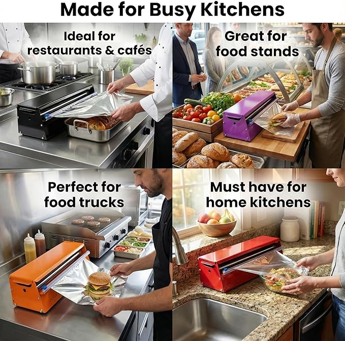 Stainless Steel Kitchen Dispenser for Foil, Plastic Wrap & Kraft Paper – Heavy-Duty Countertop Wrap Organizer – Fits Up to 18” Rolls – Modern Kitchen Gadget, Aluminum Foil & Cling Film Cutter
