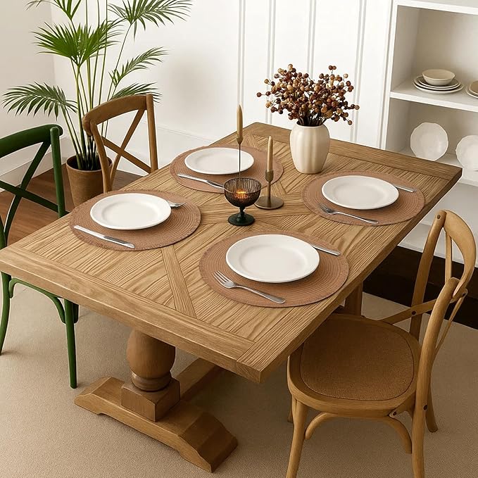 15 Inch Set of 6 Round Woven Placemats Braided Paper Heat Resistant Table Mats with Tassel Boho Indoor Outdoor Table Placemats for Dining Tables (Brown)