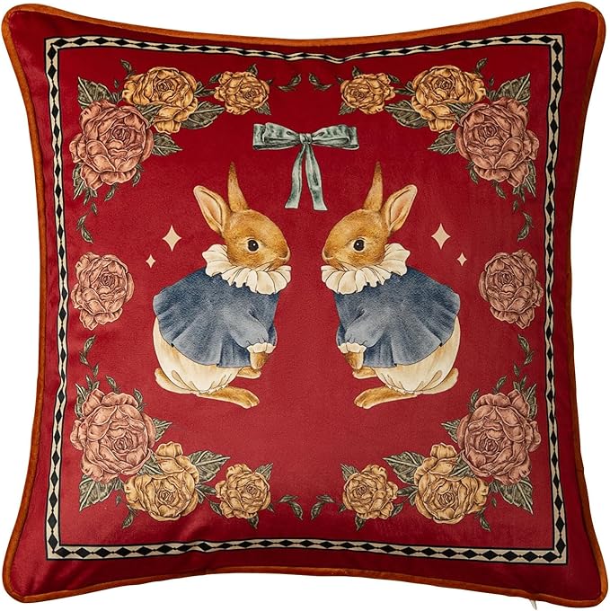 Easter Bunny Floral Red Pillow Cover Decorations, Velvet Euro Sham Covers Decorative Throw Pillow Covers 18x18 for Couch Sofa Bed Home Decor