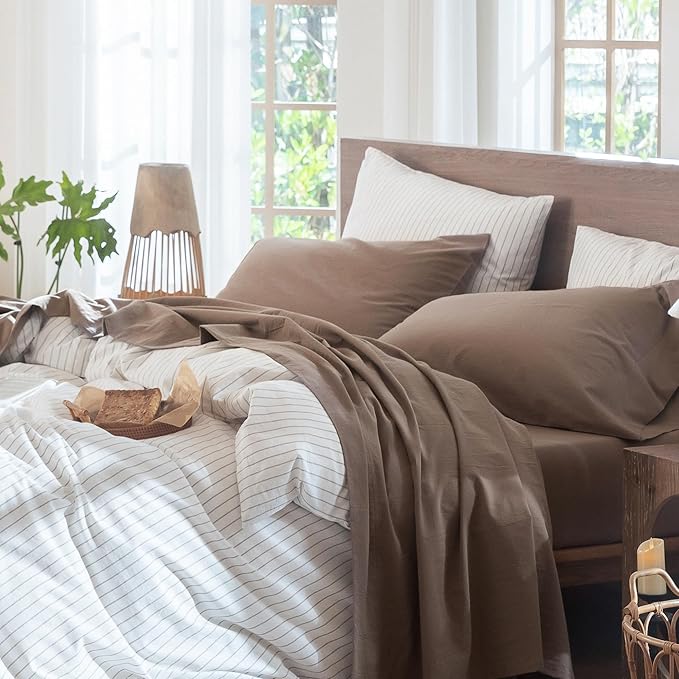 MooMee Bedding Sheet Set 100% Washed Cotton Linen Like Textured Breathable Durable Soft Comfy (Solid Brown, Queen)