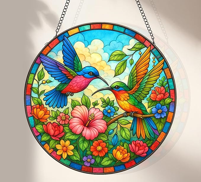 Stained Glass Window Hanging, Hummingbirds Sun Catchers Stained Glass Panels for Indoor Windows Wall Art Decor, Birthday Gift for Mom Women Wife Men Lovers (11.8inch)