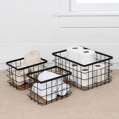 happimess BSK3004A-3SET Evvie Vintage Farmhouse Wire Metal Nesting Storage Baskets with Wood Base for Shelves, Cabinets, Pantry, Countertop, Mesh Open Bin Basket, Black/Natural (Set of 3)