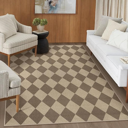 Easy Jute Brown Checkered 5x7 Area Rug, Washable Modern Rugs for Living Room Non-Slip Diamond Bedroom Rug, Neutral Farmhouse Indoor Outdoor Carpet for Patio Dining Room Classroom