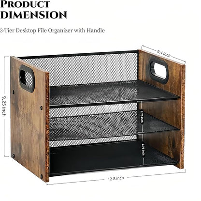 Wood Desk Organizer - 3-Tier Desktop File Organizer, Wooden Paper Tray, Office Desk Organzier and Accessories for Papers, Mail, Notebooks, Stationery