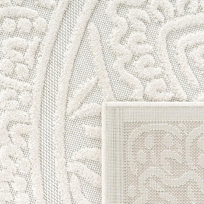 Paco Home Modern in- and Outdoor Rug with Carved Oriental Mandala Pattern in Cream, Size: 4' x 5'7"