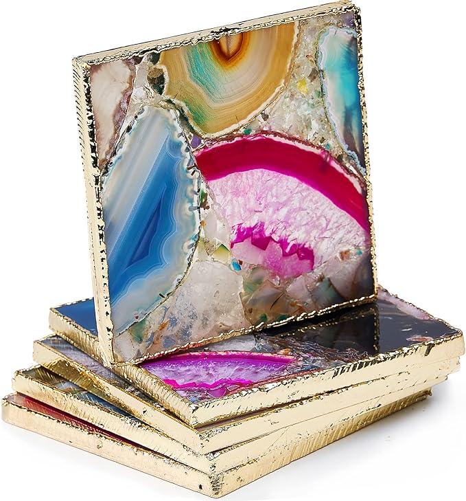 Agate Square Coasters Set of 4, Rainbow Crystal Coasters with Gold Edge for Home Decor