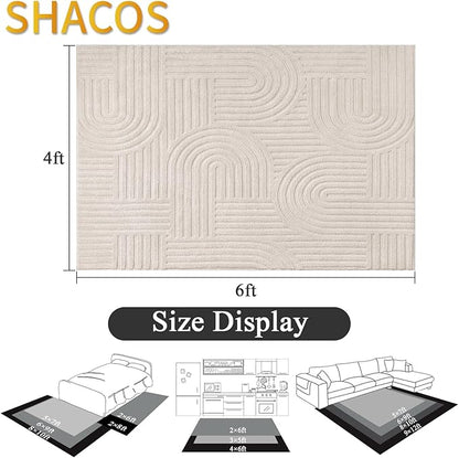 SHACOS Soft Cozy Fluffy Arch Pattern High Low Pile Area Rugs 4'x6' Non Slip Washable Scandinavian Minimalist Rug Modern Geometric Arc Carpet for Living Room Bedroom Dining Room, Beige