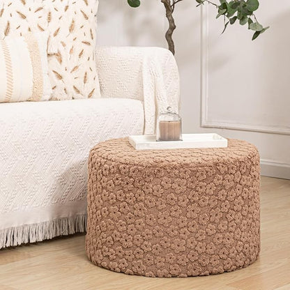 Round Plush Stuffed Ottoman Pouf - Ultra-Soft Furry Ottoman Foot Rest with High-Density Foam Filling, 20" x 14" Multi-Functional Floor Pouf for Living Room